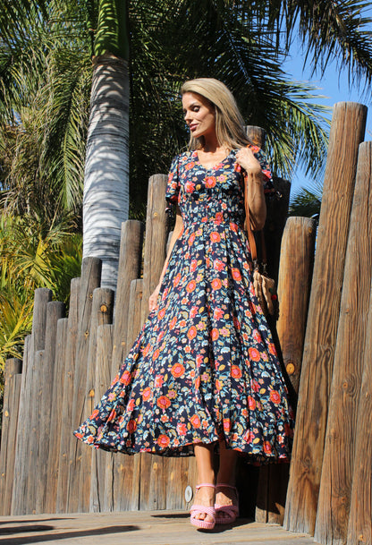 Floral Print Buttoned Midi Dress
