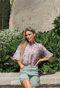 Daisy Print Balloon Sleeve Blouse