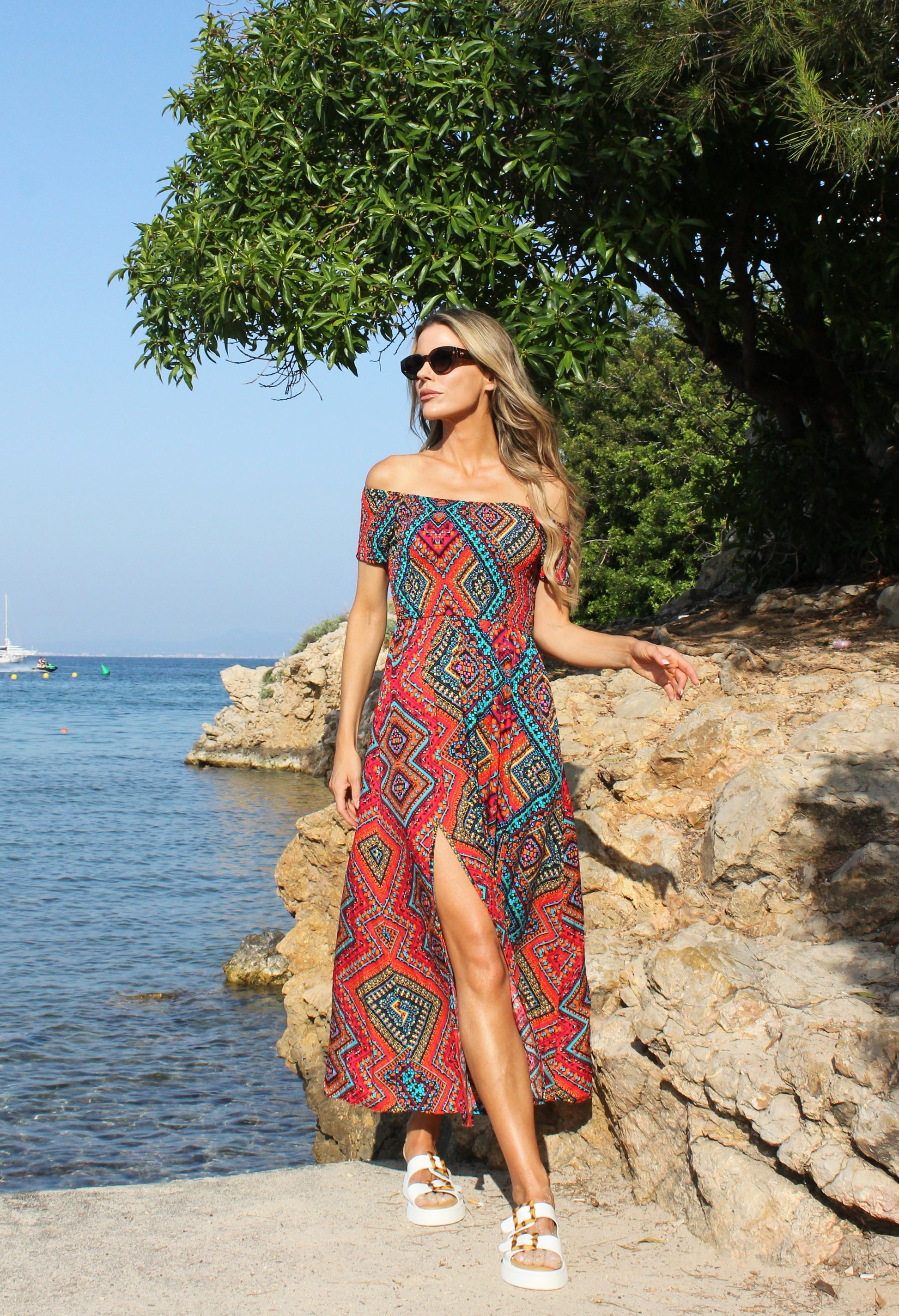 Smocking Bodice Aztec Print Dress Smocking Bodice Aztec Print Dress