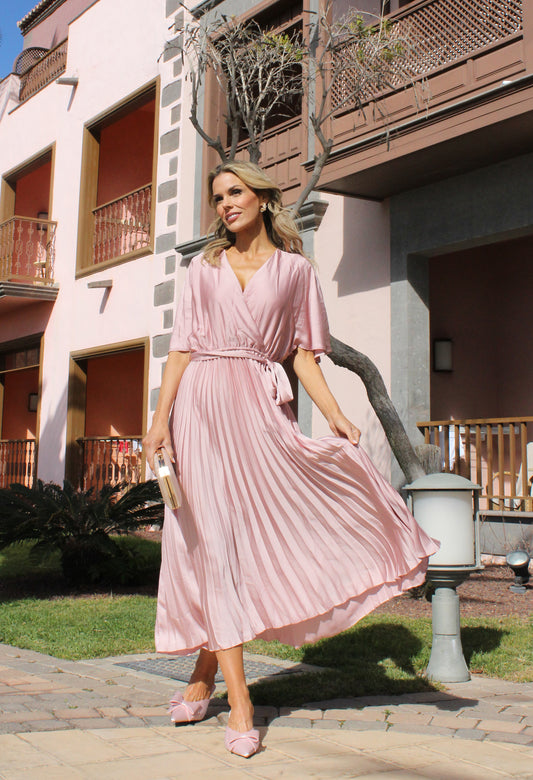 Plisse Pleated Wrap Midi Dress