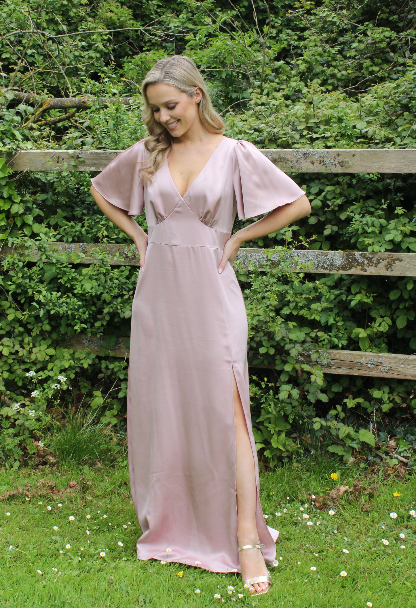 Angel Sleeve Satin Maxi Dress