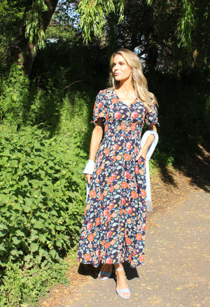 Floral Print Buttoned Midi Dress