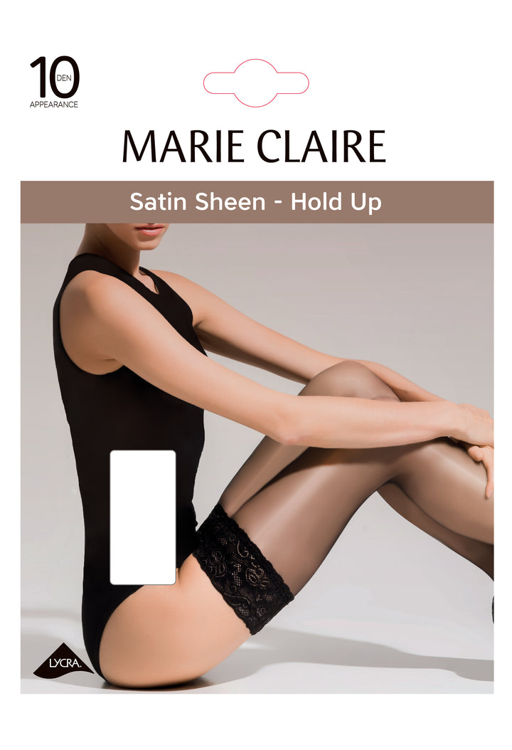 Packaging for Marie Claire Satin Sheen Hold Ups, displaying the hold ups on a model wearing black lingerie.