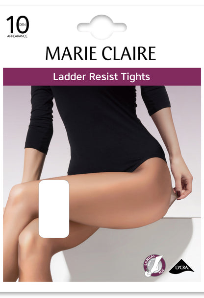 Marie Claire ladder resist tights packaging with a model wearing the tights.