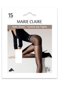 Marie Claire satin sheer control top tights packaging on a white background