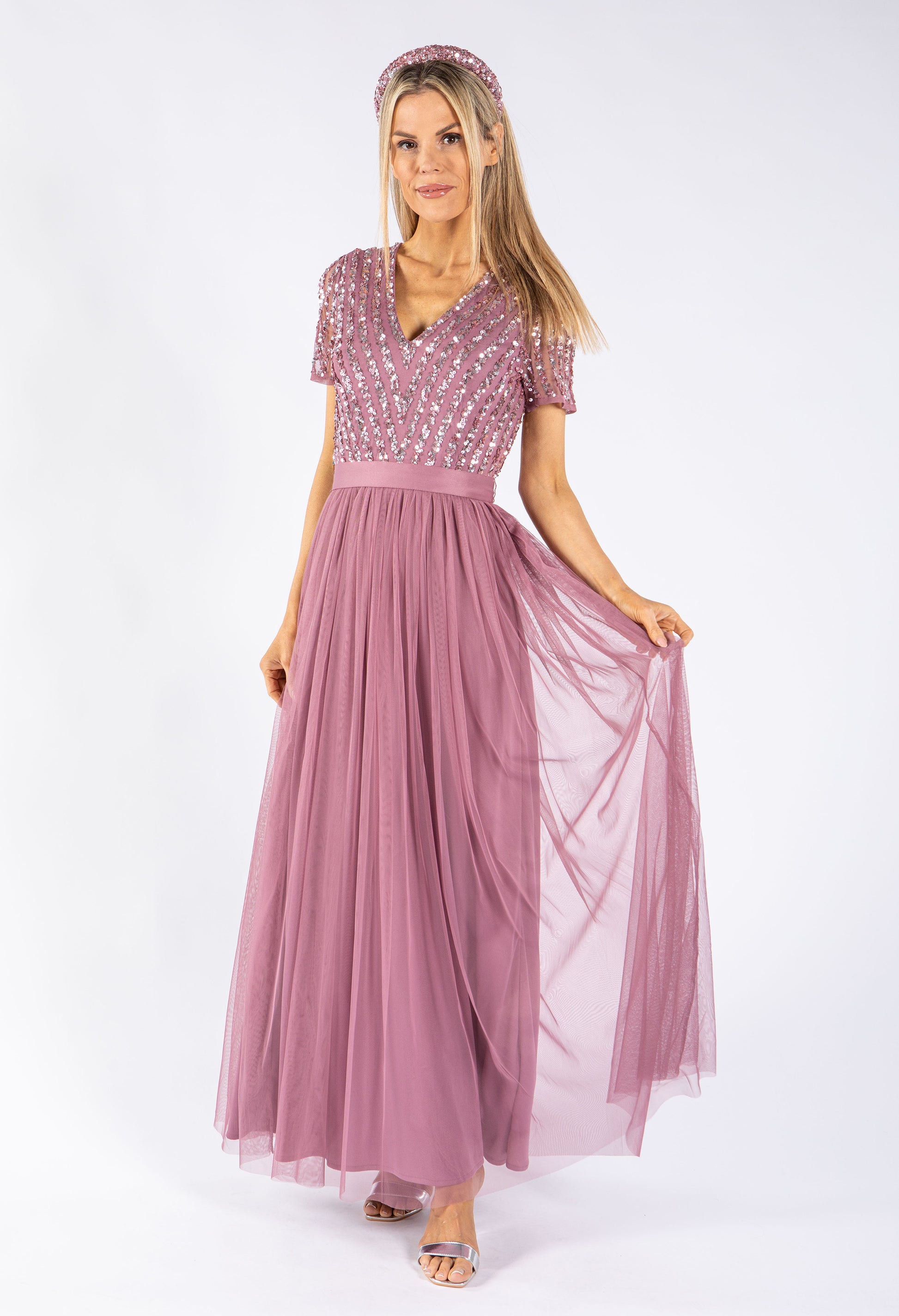 Maya Lotus Pink V NECK SEQUIN AND TULLE DRESS WITH TIE WAIST | Pamela Scott Maya Lotus Pink V NECK SEQUIN AND TULLE DRESS WITH TIE WAIST | Pamela Scott