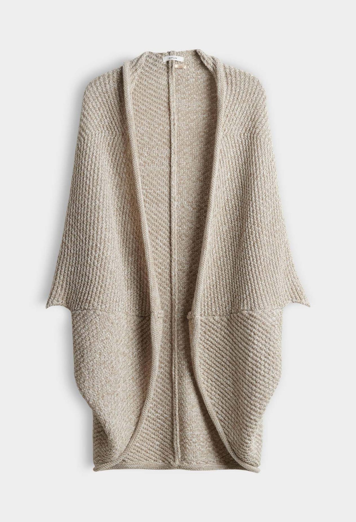 A light beige open-front knit cardigan with a textured chevron pattern and draped, wide sleeves.