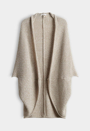 A light beige open-front knit cardigan with a textured chevron pattern and draped, wide sleeves.