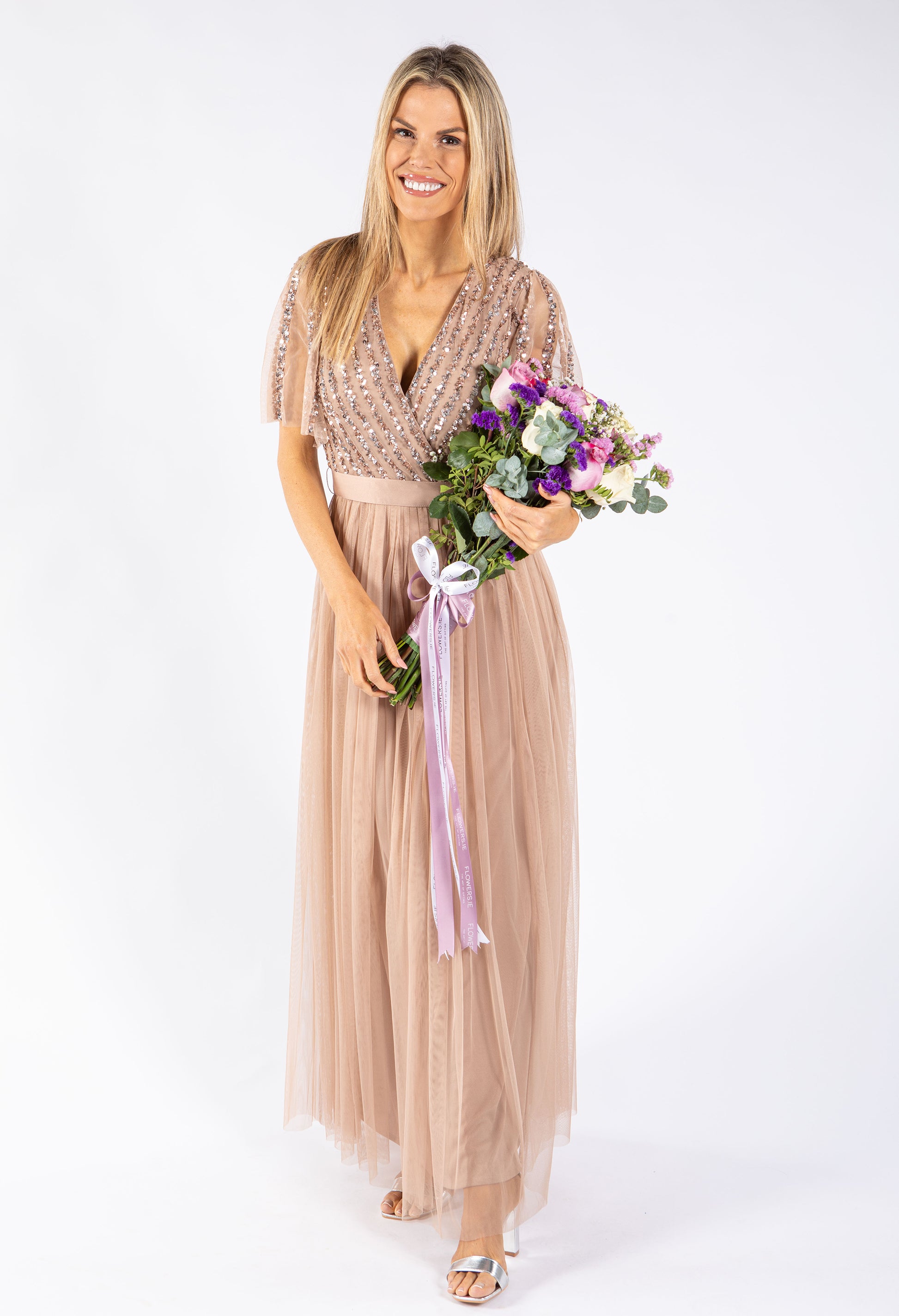 Maya TAUPE BLUSH ANGEL SLEEVE EMBELLISHED MAXI DRESS WITH SASH BELT | Pamela Scott Maya TAUPE BLUSH ANGEL SLEEVE EMBELLISHED MAXI DRESS WITH SASH BELT | Pamela Scott