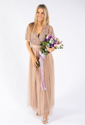 ANGEL SLEEVE EMBELLISHED MAXI DRESS WITH SASH BELT