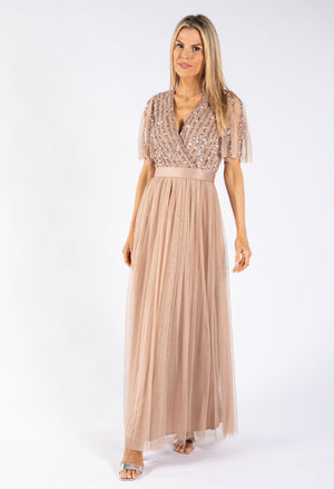 ANGEL SLEEVE EMBELLISHED MAXI DRESS WITH SASH BELT