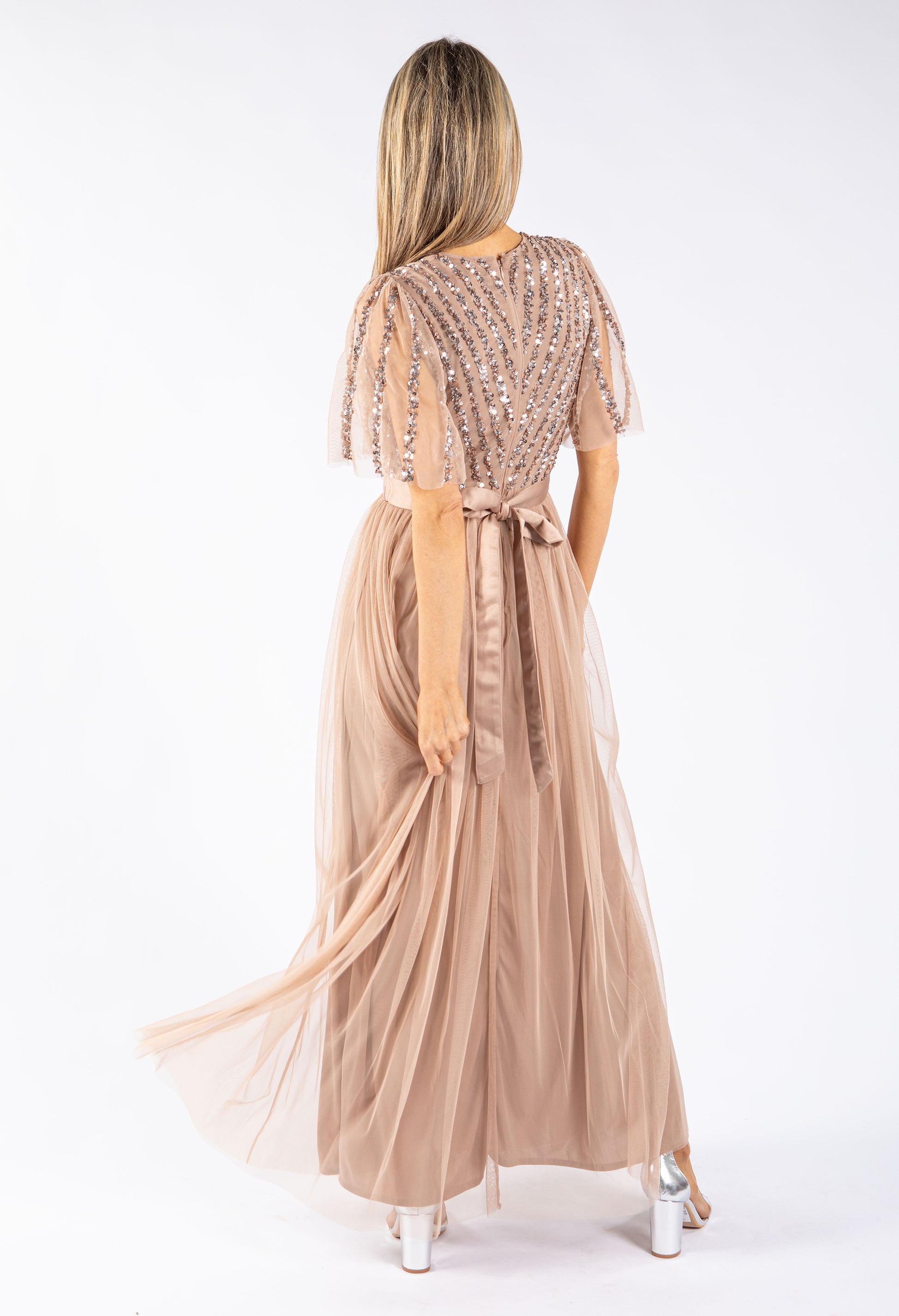 Maya TAUPE BLUSH ANGEL SLEEVE EMBELLISHED MAXI DRESS WITH SASH BELT | Pamela Scott Maya TAUPE BLUSH ANGEL SLEEVE EMBELLISHED MAXI DRESS WITH SASH BELT | Pamela Scott