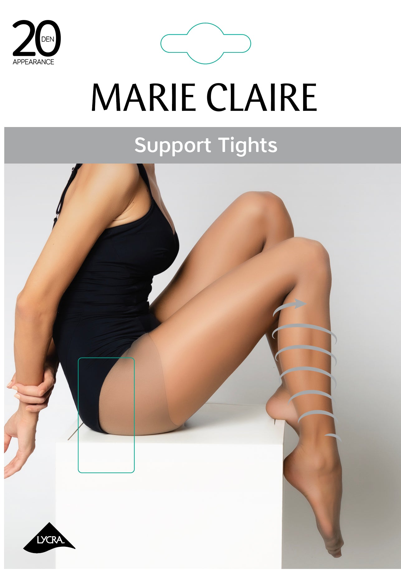 Marie Claire support tights with a model wearing them on a white background