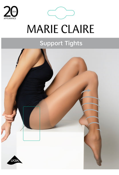 Marie Claire support tights with a model wearing them on a white background