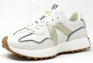 A pair of 'Wave Runner' sneakers featuring a faux leather finish, gold design, and a slight platform sole.