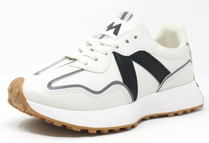 A pair of white sneakers with black and silver accents, featuring  a slight platform sole, and a lace-up closure.