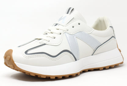 A white sneaker with silver accents and a lace-up closure, featuring a slight platform sole and a faux leather finish.