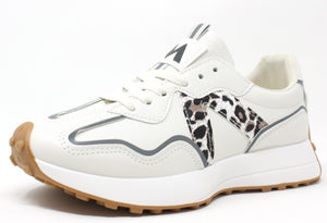A pair of 'Wave Runner' sneakers featuring a faux leather finish, animal print, and a slight platform sole.