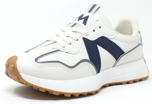 A pair of 'Wave Runner' sneakers featuring a faux leather finish, navy design, and a slight platform sole.