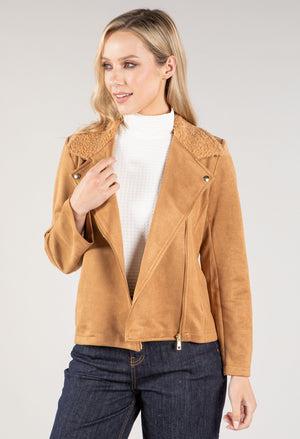 Suedette Sherpa Collar Biker Jacket