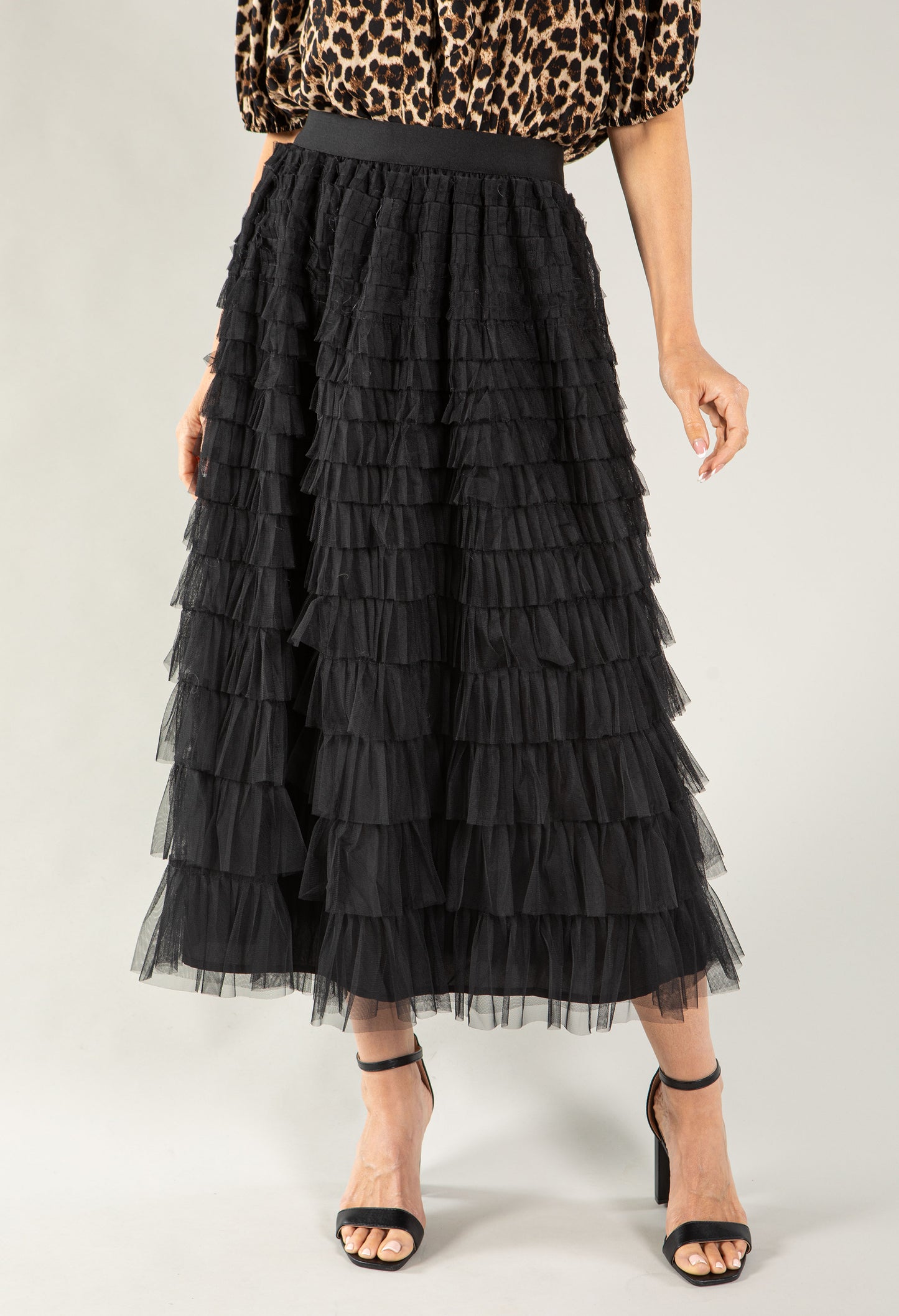 Tiered Ruffle Tulle Midi Skirt