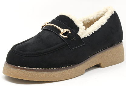 Black faux suede loafers with teddy lining and a gold-toned buckle.