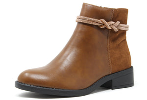 A camel ankle boot with a round toe, faux suede heel, and diamante twist detail. It features a block heel and a zip closure.