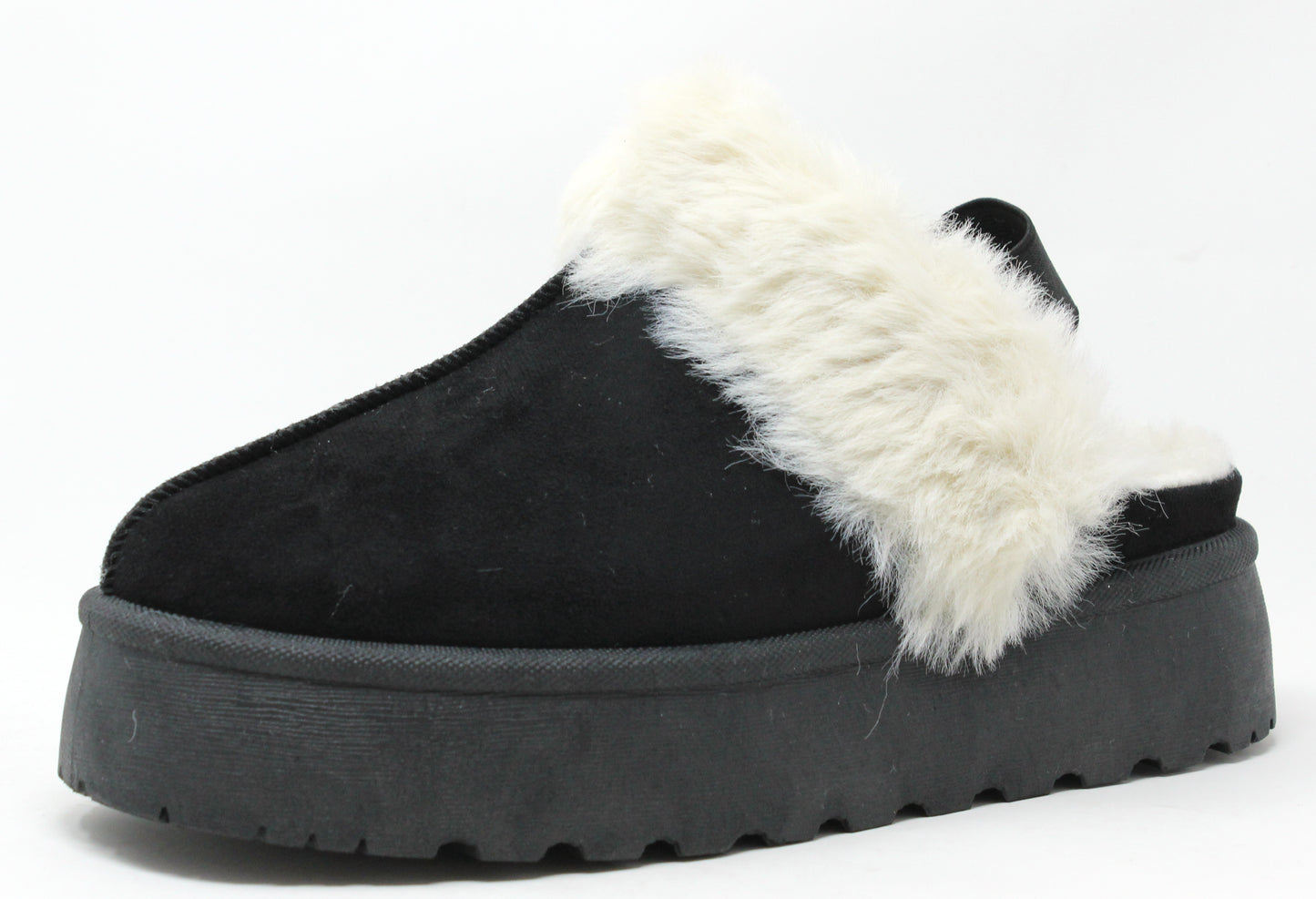 A black flatform slip on boot with fur lining around the top edge and an elastic ankle strap.