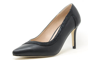 A black pointed toe heel with metallic detail and a slim heel.