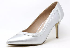 A silver pointed toe heel with metallic detail and a slim heel.
