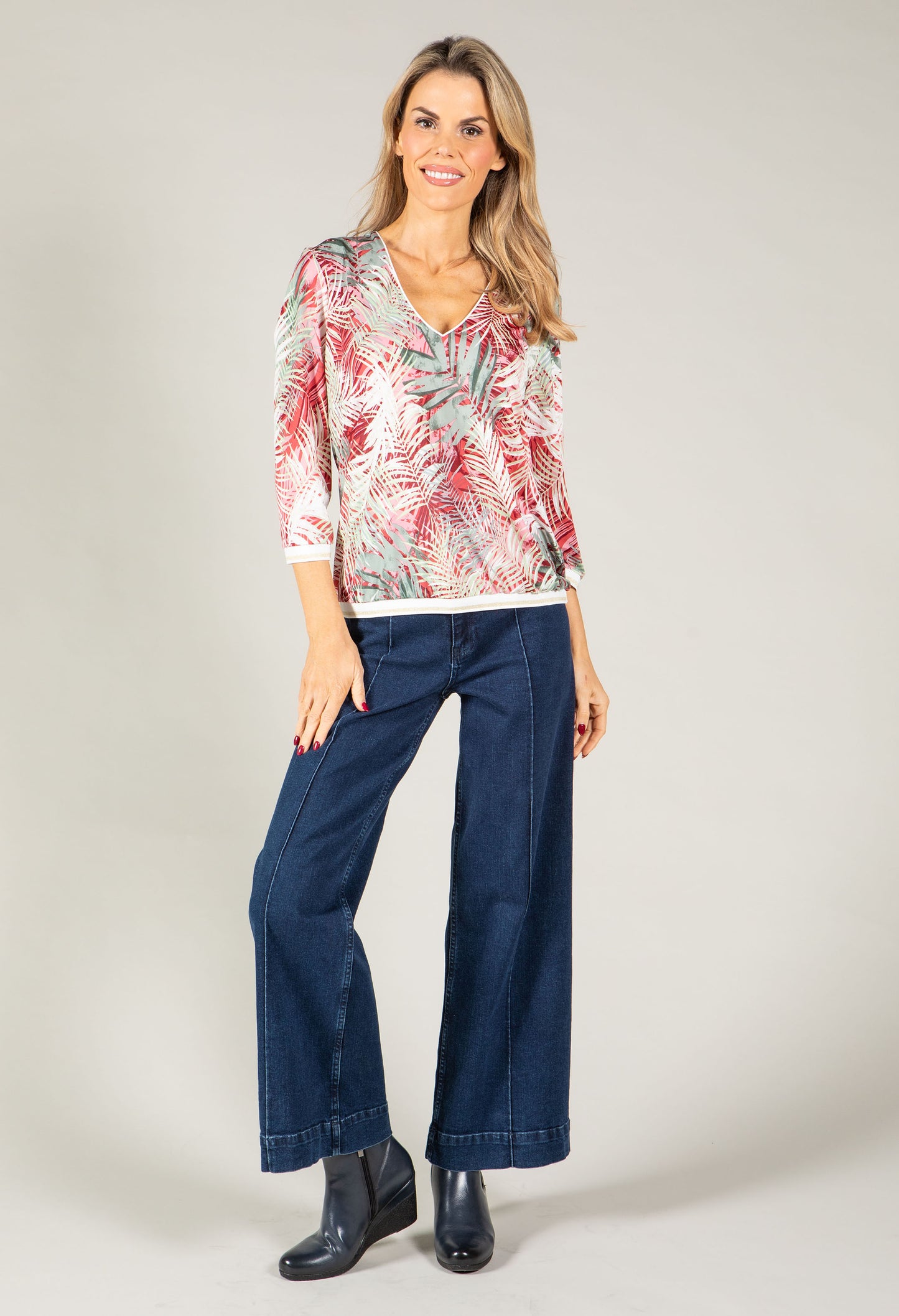 Palm Print V-Neck Silk Feel Top