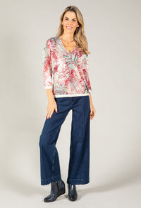 Palm Print V-Neck Silk Feel Top