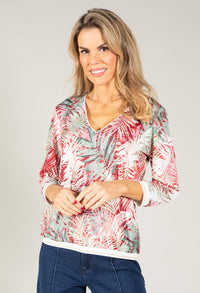 Palm Print V-Neck Silk Feel Top