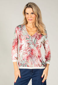 Palm Print V-Neck Silk Feel Top