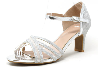 Silver glitter sandal with a block heel on a white background