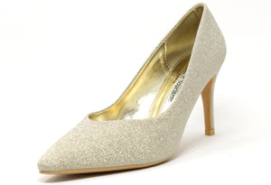 A high-heeled shoe with a pointed toe and glitter finish in a gold color.