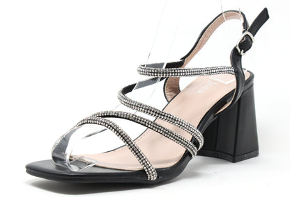 A strappy sandal with diamante detailing on the straps, featuring a square toe and a block heel.