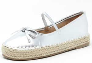 A silver ballerina espadrille with bow detail and elasticated strap, featuring a 3cm platform sole.