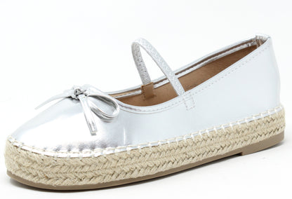 A silver ballerina espadrille with bow detail and elasticated strap, featuring a 3cm platform sole.