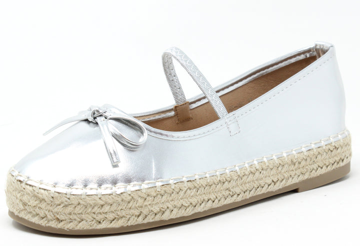 A silver ballerina espadrille with bow detail and elasticated strap, featuring a 3cm platform sole.