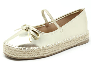 A gold ballerina espadrille with bow detail and elasticated strap, featuring a 3cm platform sole.