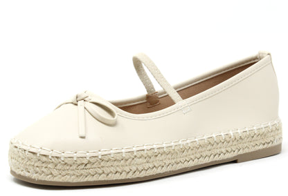 A beige ballerina espadrille with bow detail and elasticated strap, featuring a 3cm platform sole.