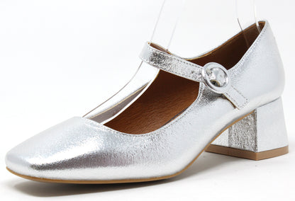 Silver high-heeled shoe with a strap on a white background