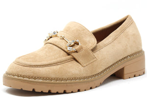 A camel-colored faux suede loafer with a round toe, gold hardware diamante detail buckle, and a 3.5cm block heel.