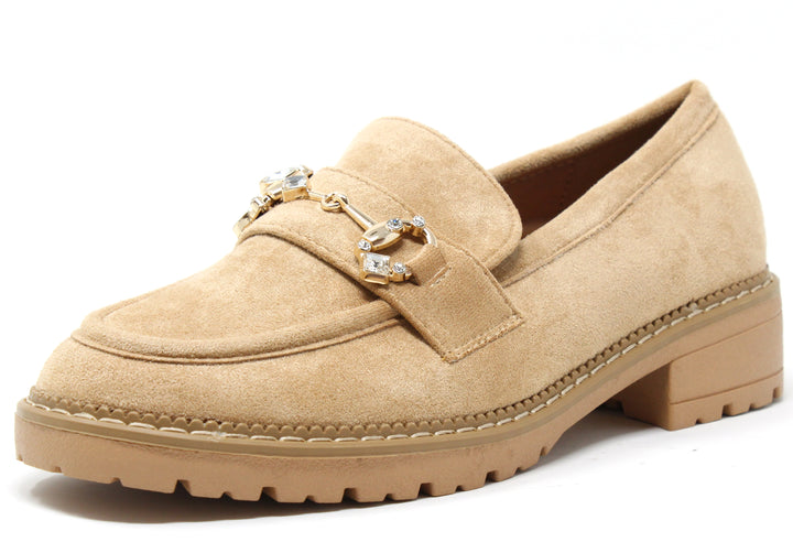 A camel-colored faux suede loafer with a round toe, gold hardware diamante detail buckle, and a 3.5cm block heel.