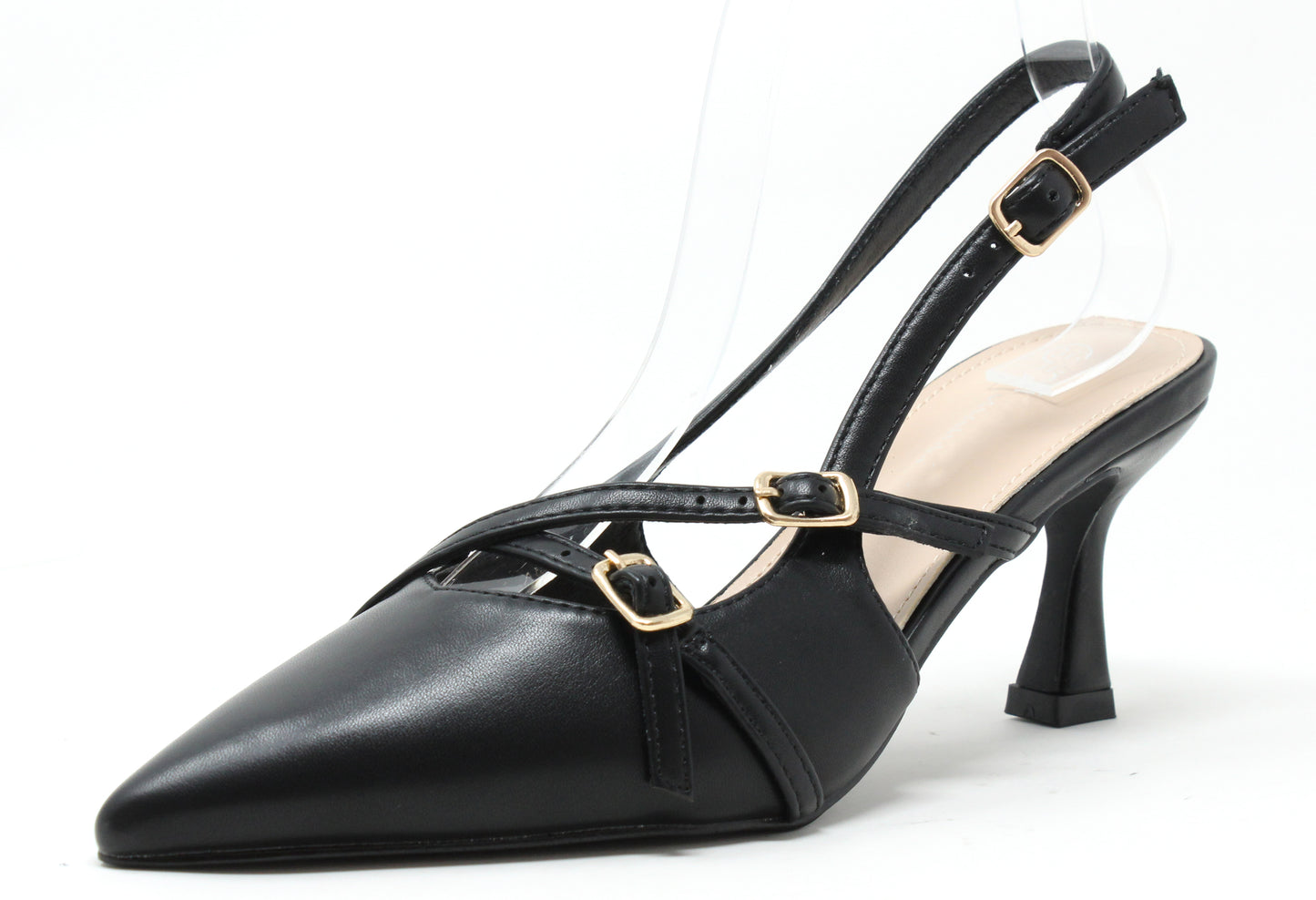 Black high-heeled slingback shoe with gold buckles on a white background