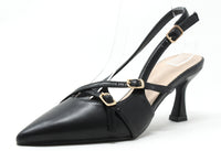 Black high-heeled slingback shoe with gold buckles on a white background