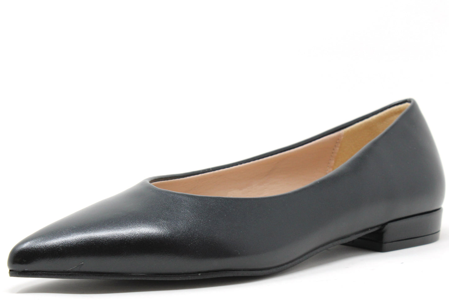 Black pointed-toe flat ballerina shoe on a white background