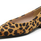 Leopard print, pointed toe flat ballerina shoe on a white background