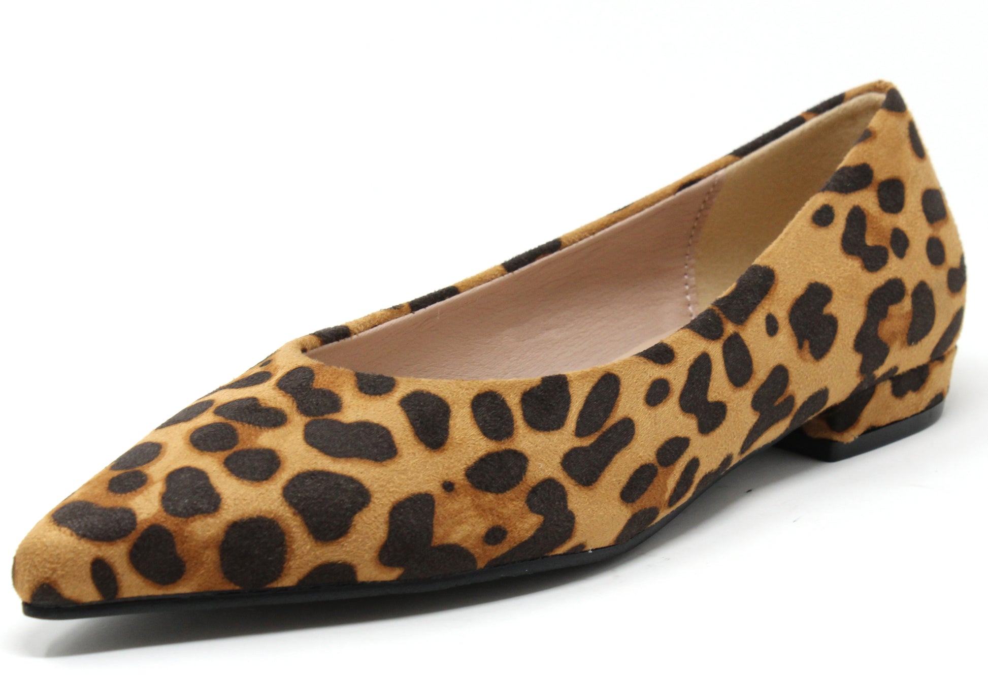 Leopard print, pointed toe flat ballerina shoe on a white background